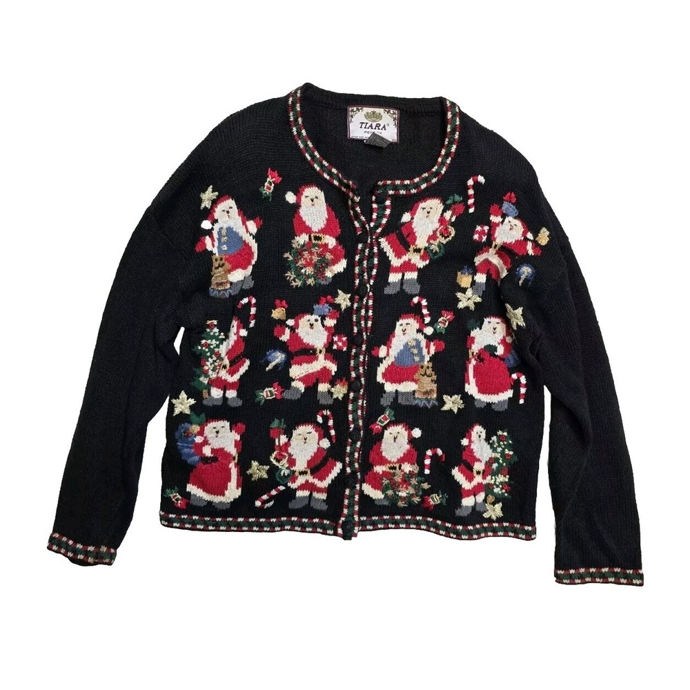 Tiera Women's ‎ Knit Cardigan Large Petite Santa Clause